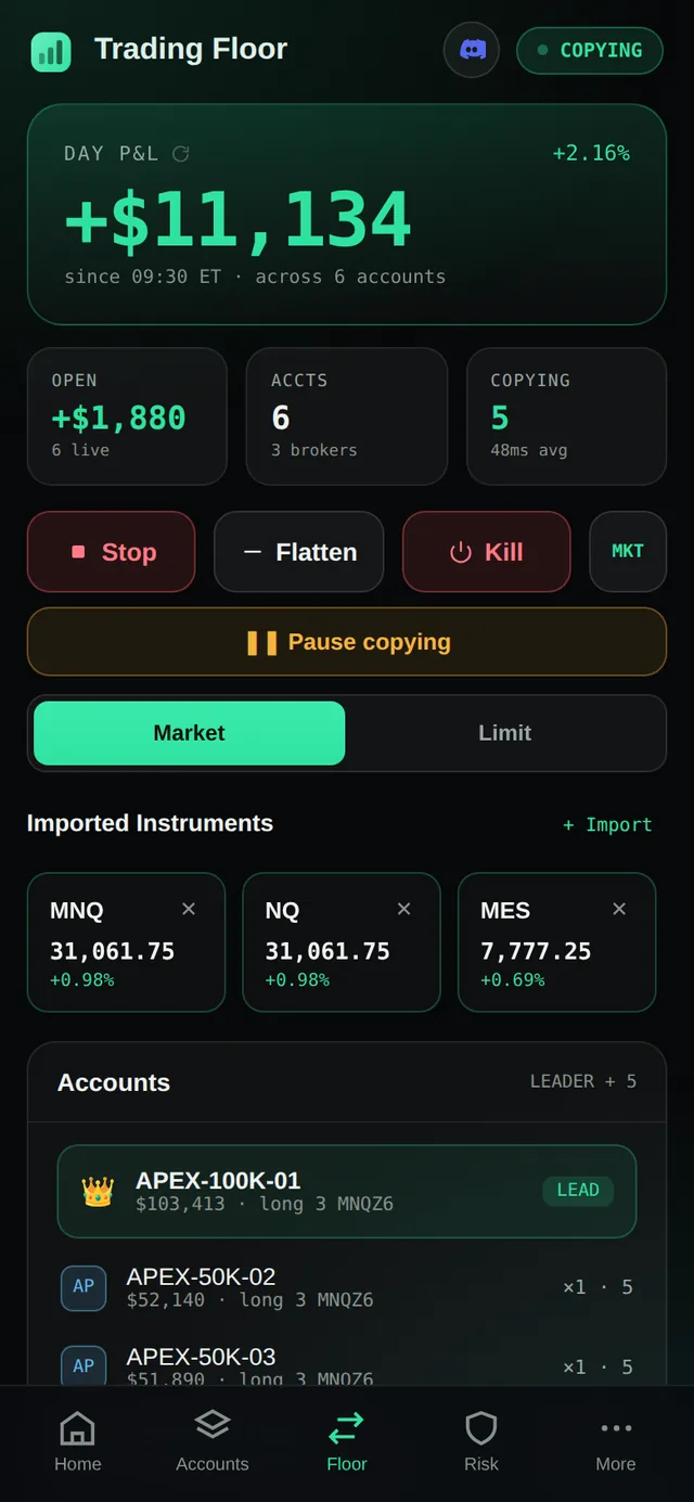 The same floor on a phone: day P&L, Stop, Flatten and Kill buttons